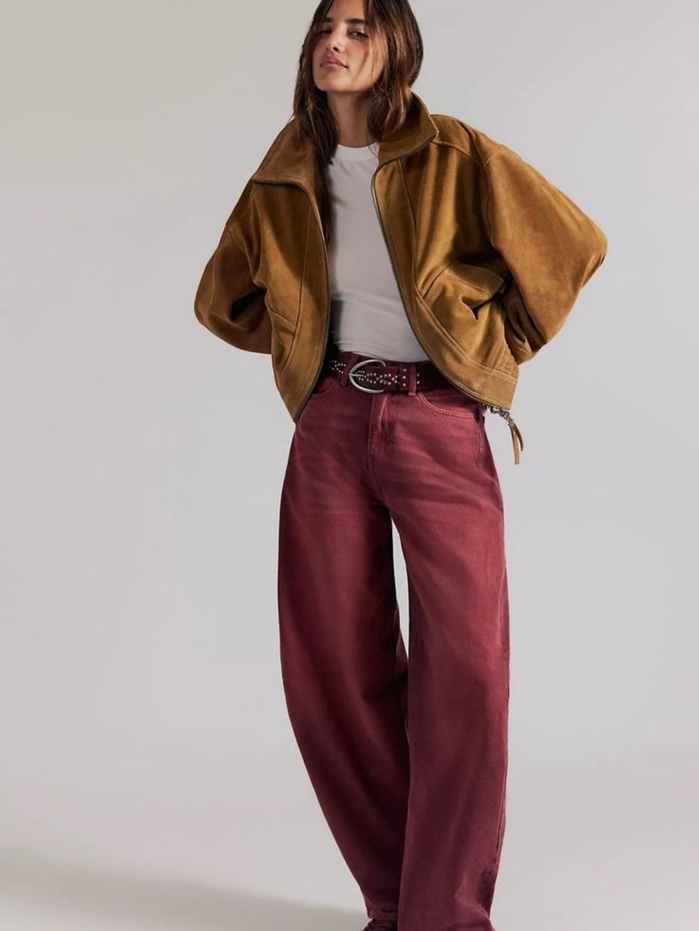 NWT Free People We The Free Bodie Arc Jeans In Sangria Red High Rise Wide 27